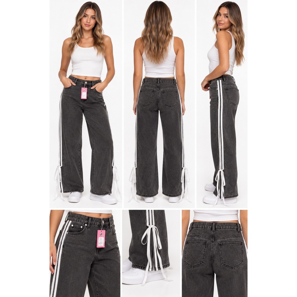 EDIKTED Ribbon Washed Low Rise Baggy Jeans Dark Gray White Stripe Size S NWT